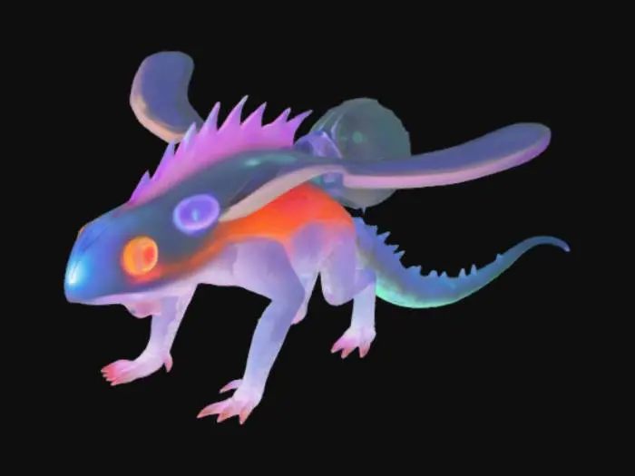 3D model for Description: The Aetherbulb is a gentle, gliding beast known for its oddly inflatable head sac. When it receives compliments or affectionate words, its head expands with a glowing gas, allowing it to float short distances or glide gracefully across terrain. Its skin is semi-scaled with subtle bioluminescent patterns along the spine, often shifting color based on its mood.