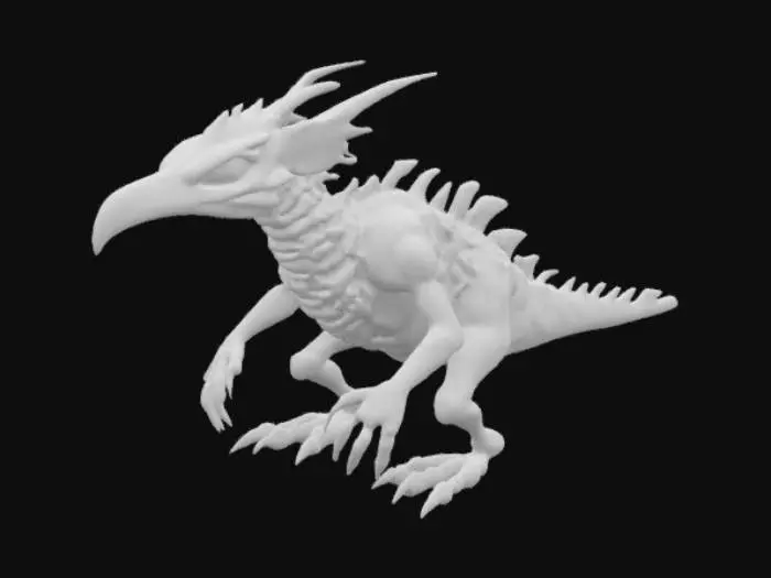 3D model for A large raptor like bird biomechanical monster that has six eyes, three on each side of its head.  An accordion like neck and a cage like body 