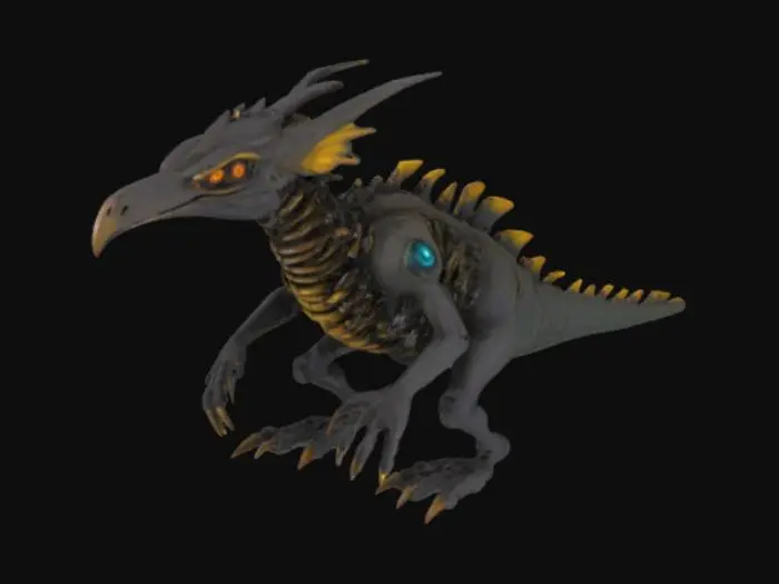 3D model for A large raptor like bird biomechanical monster that has six eyes, three on each side of its head.  An accordion like neck and a cage like body 