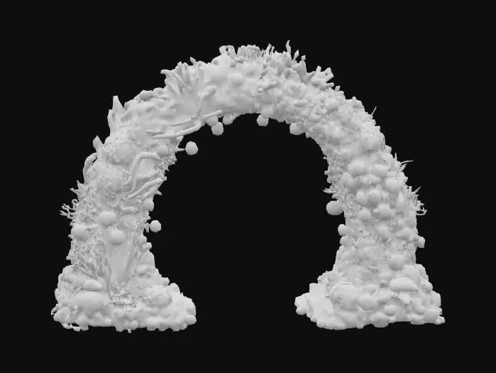 3D model for #arch#, A vibrant underwater arch, intricately formed from living corals, sponges, and anemones. Its surface is a riot of texture, from the rough, stony feel of branching coral to the soft, pulsating undulations of sea anemones. Colors burst forth in electric blues, fiery oranges, neon greens, and deep purples, creating a dazzling mosaic. The arch appears organic and slightly asymmetrical, with feathery tentacles and bulbous growths adding to its complex, evolving structure.