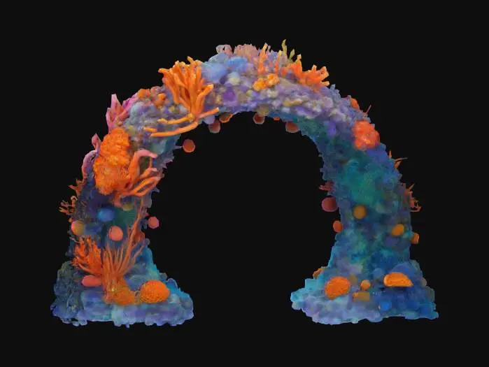 3D model for #arch#, A vibrant underwater arch, intricately formed from living corals, sponges, and anemones. Its surface is a riot of texture, from the rough, stony feel of branching coral to the soft, pulsating undulations of sea anemones. Colors burst forth in electric blues, fiery oranges, neon greens, and deep purples, creating a dazzling mosaic. The arch appears organic and slightly asymmetrical, with feathery tentacles and bulbous growths adding to its complex, evolving structure.