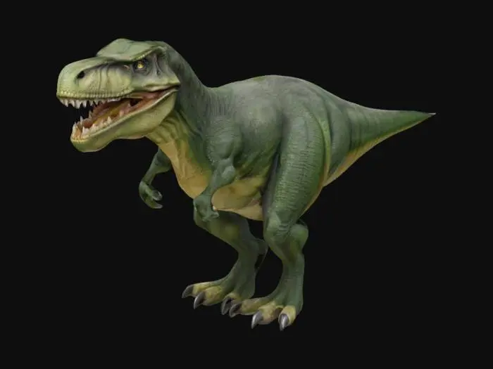 3D model for A realistic Dinosaur King, modelled as a colossal Tyrannosaurus Rex. Its robust body is covered in finely detailed, rough scales of deep earthy green and grey, textured to appear leathery and tough. The creature stands bipedally, its massive jaws slightly ajar in a silent roar, revealing rows of bone-white teeth. Its powerful legs anchor it firmly, giving it a dominant, unyielding posture. The surface feels gritty and cool, like ancient stone.