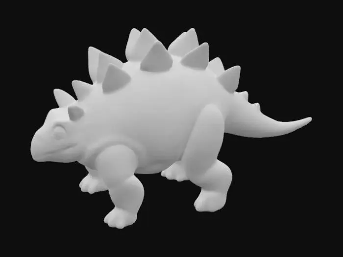 3D model for A delightful baby Stegosaurus, presenting a compact, rounded body with a series of small, gently sloping plates along its back, terminating in a short, stubby tail equipped with tiny, blunt thagomizers. Its skin possesses a soft, leathery texture, possibly with a subtle sheen, and is colored in a palette of warm, earthy browns and leafy greens. The head is small and endearing, with large, curious eyes. Its short, sturdy legs provide a stable and appealing form.