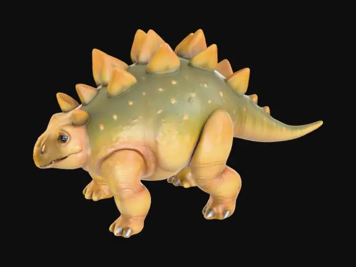 3D model for A delightful baby Stegosaurus, presenting a compact, rounded body with a series of small, gently sloping plates along its back, terminating in a short, stubby tail equipped with tiny, blunt thagomizers. Its skin possesses a soft, leathery texture, possibly with a subtle sheen, and is colored in a palette of warm, earthy browns and leafy greens. The head is small and endearing, with large, curious eyes. Its short, sturdy legs provide a stable and appealing form.