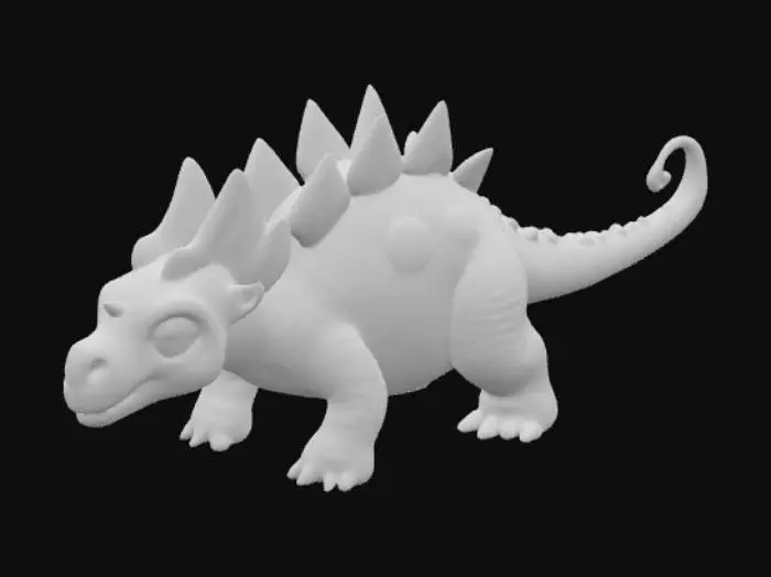 3D model for A delightful baby Stegosaurus, presenting a compact, rounded body with a series of small, gently sloping plates along its back, terminating in a short, stubby tail equipped with tiny, blunt thagomizers. Its skin possesses a soft, leathery texture, possibly with a subtle sheen, and is colored in a palette of warm, earthy browns and leafy greens. The head is small and endearing, with large, curious eyes. Its short, sturdy legs provide a stable and appealing form.