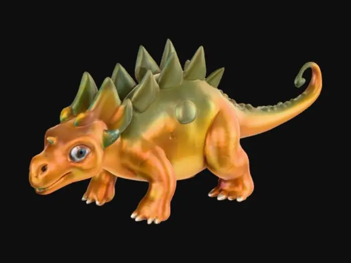 3D model for A delightful baby Stegosaurus, presenting a compact, rounded body with a series of small, gently sloping plates along its back, terminating in a short, stubby tail equipped with tiny, blunt thagomizers. Its skin possesses a soft, leathery texture, possibly with a subtle sheen, and is colored in a palette of warm, earthy browns and leafy greens. The head is small and endearing, with large, curious eyes. Its short, sturdy legs provide a stable and appealing form.