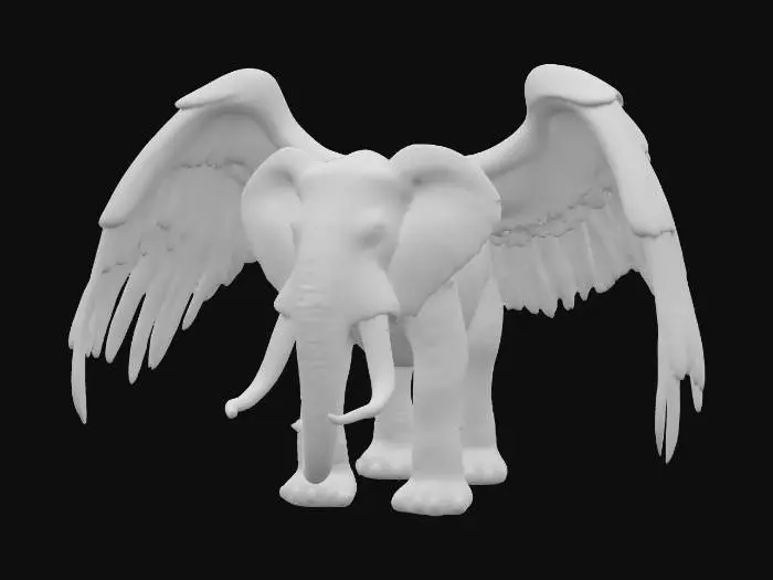 3D model for A colossal elephant-eagle hybrid boasts the massive, wrinkled grey hide of an elephant, complete with a long, flexible trunk and sturdy ivory tusks. Its head combines the elephant's wisdom with a sharp, piercing gaze. From its immense back sprout two magnificent, broad wings, densely covered in lustrous, dark brown feathers, transitioning smoothly from skin to plumage. Its thick legs end in powerful, scaled feet, resembling giant talons, giving it a grounded yet formidable airborne presence.