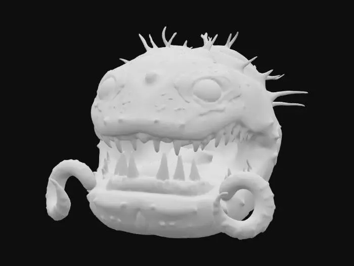 3D model for A monstrous, carnivorous plant, Audrey II possesses a grotesque bulbous body with a large, gaping maw revealing rows of sharp, yellowish teeth. Its leathery, veined skin is a mottled mix of deep greens, purples, and reddish-browns, suggesting a fleshy, almost slimy texture. Numerous thick, coiling tendrils emerge from its base, acting as roots or limbs, while its predatory expression conveys hunger and menace.