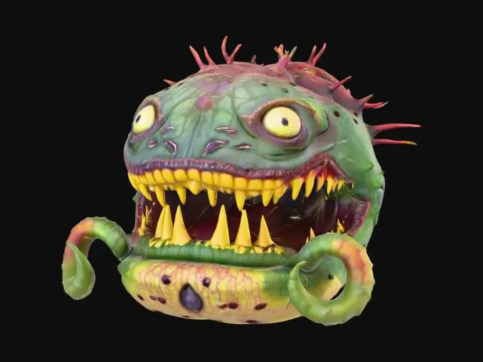 3D model for A monstrous, carnivorous plant, Audrey II possesses a grotesque bulbous body with a large, gaping maw revealing rows of sharp, yellowish teeth. Its leathery, veined skin is a mottled mix of deep greens, purples, and reddish-browns, suggesting a fleshy, almost slimy texture. Numerous thick, coiling tendrils emerge from its base, acting as roots or limbs, while its predatory expression conveys hunger and menace.