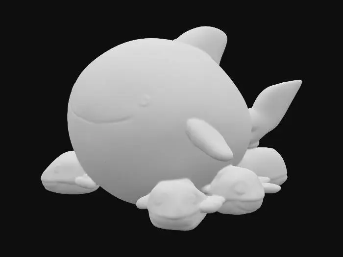 3D model for A plump, stylized shark with a smooth, matte grey-blue body and soft white underbelly. Its large, friendly black eyes and gentle, curved smile create a cute and approachable demeanor. It stands on short, stout legs, each adorned with an adorable, plush shark-shaped slipper. These slippers, made from soft, fuzzy light blue fabric, feature tiny fins, embroidered eyes, and blunt, rounded teeth, enhancing its whimsical charm., #PBR#