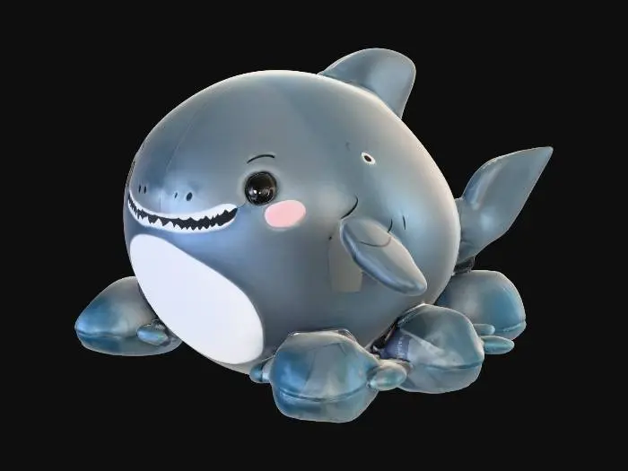 3D model for A plump, stylized shark with a smooth, matte grey-blue body and soft white underbelly. Its large, friendly black eyes and gentle, curved smile create a cute and approachable demeanor. It stands on short, stout legs, each adorned with an adorable, plush shark-shaped slipper. These slippers, made from soft, fuzzy light blue fabric, feature tiny fins, embroidered eyes, and blunt, rounded teeth, enhancing its whimsical charm., #PBR#