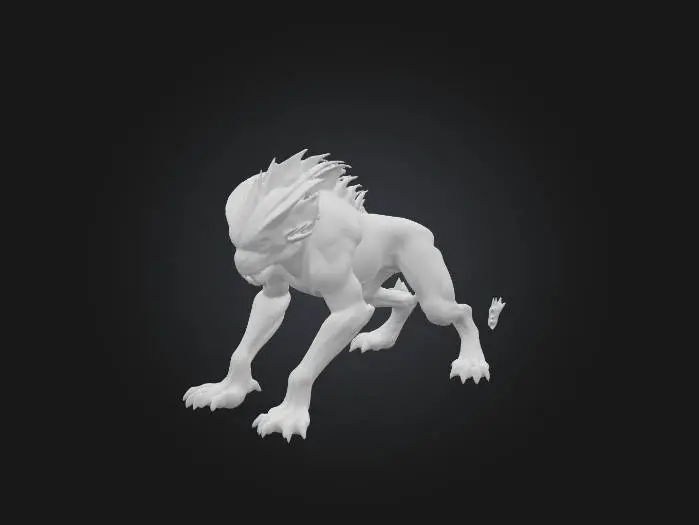 3D model for An imposing alien-lion hybrid creature, possessing the powerful, muscular build of a large feline but with skin resembling iridescent, deep blue scales that shimmer with subtle, oily reflections. A majestic mane of sharp, obsidian-like quills frames its head, tapering to points and feeling both brittle and smooth to the touch. Its face blends feline features with large, multi-faceted, glowing yellow eyes, while its four robust limbs end in broad, three-toed paws with claw-like projections that appear to be made of polished, dark metal., #PBR#