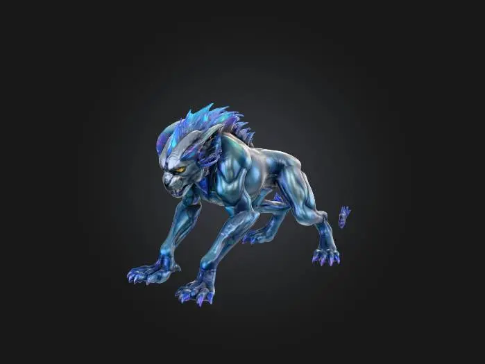 3D model for An imposing alien-lion hybrid creature, possessing the powerful, muscular build of a large feline but with skin resembling iridescent, deep blue scales that shimmer with subtle, oily reflections. A majestic mane of sharp, obsidian-like quills frames its head, tapering to points and feeling both brittle and smooth to the touch. Its face blends feline features with large, multi-faceted, glowing yellow eyes, while its four robust limbs end in broad, three-toed paws with claw-like projections that appear to be made of polished, dark metal., #PBR#