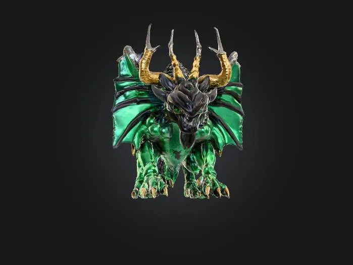3D model for An imposing creature with the powerful, muscular physique of a lion, its body covered in shimmering, deep emerald-green scales that possess a metallic sheen and feel cool to the touch. Instead of a mane, its head is framed by a collection of sharp, obsidian-like quills that branch upwards, culminating in majestic, crystalline antlers that glow with a faint, internal violet light. Its piercing, multi-faceted eyes are the color of molten gold, and its robust limbs end in broad, five-digit paws with elongated, hook-like claws of polished dark metal., #PBR#