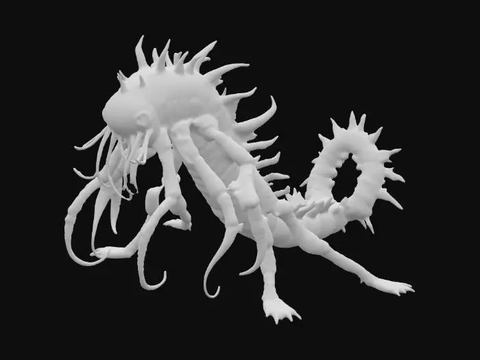 3D model for A parasitic creature with a segmented, serpentine body, covered in a slick, dark crimson skin that shimmers with an oily sheen. Its underside features numerous small, barbed tendrils designed for firm attachment, feeling both adhesive and sharply chitinous. A central, elongated proboscis extends from its head, appearing tough and needle-like. Its body is mottled with subtle, pulsating grey veins, and a series of small, glowing orange nodes run along its flanks, giving it a soft, internal warmth, contrasting with its cold, external texture.