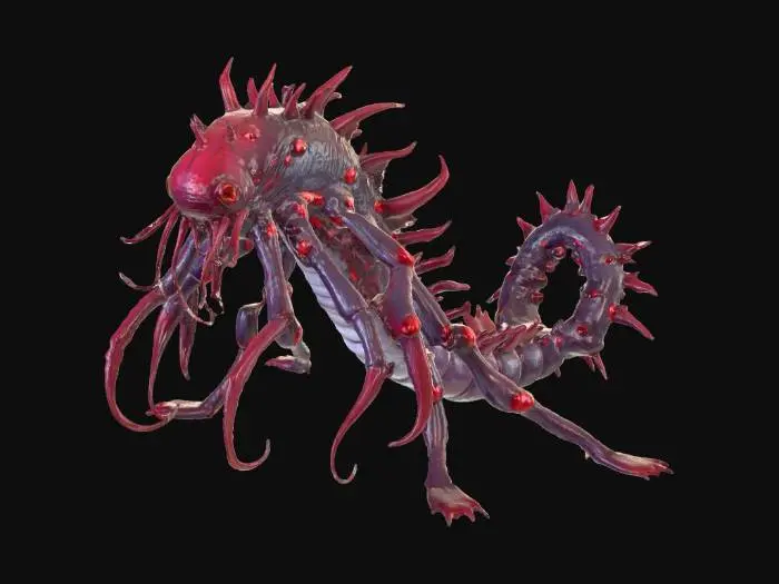 3D model for A parasitic creature with a segmented, serpentine body, covered in a slick, dark crimson skin that shimmers with an oily sheen. Its underside features numerous small, barbed tendrils designed for firm attachment, feeling both adhesive and sharply chitinous. A central, elongated proboscis extends from its head, appearing tough and needle-like. Its body is mottled with subtle, pulsating grey veins, and a series of small, glowing orange nodes run along its flanks, giving it a soft, internal warmth, contrasting with its cold, external texture.