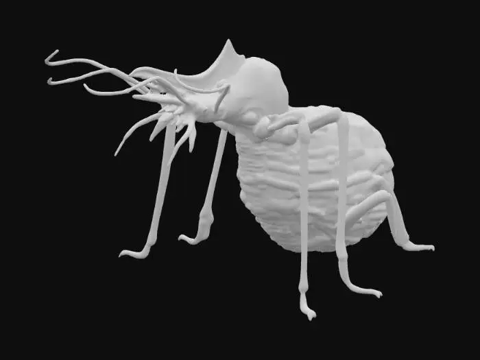 3D model for A parasitic creature with a segmented, serpentine body, covered in a slick, dark crimson skin that shimmers with an oily sheen. Its underside features numerous small, barbed tendrils designed for firm attachment, feeling both adhesive and sharply chitinous. A central, elongated proboscis extends from its head, appearing tough and needle-like. Its body is mottled with subtle, pulsating grey veins, and a series of small, glowing orange nodes run along its flanks, giving it a soft, internal warmth, contrasting with its cold, external texture.