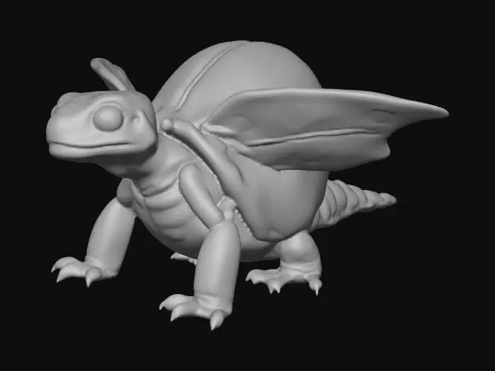 3D model for A unique creature with a squat, reptilian turtle body, featuring thick, leathery, dark green skin with subtle wrinkles. Instead of a hard shell, its back is adorned with a pair of large, glossy ladybug wings, brilliant red with distinct black spots, feeling smooth and chitinous to the touch. Its short, sturdy legs end in webbed claws, and a small, turtle-like head with gentle eyes protrudes from its front, blending the aquatic form with delicate, insectoid flight structures.