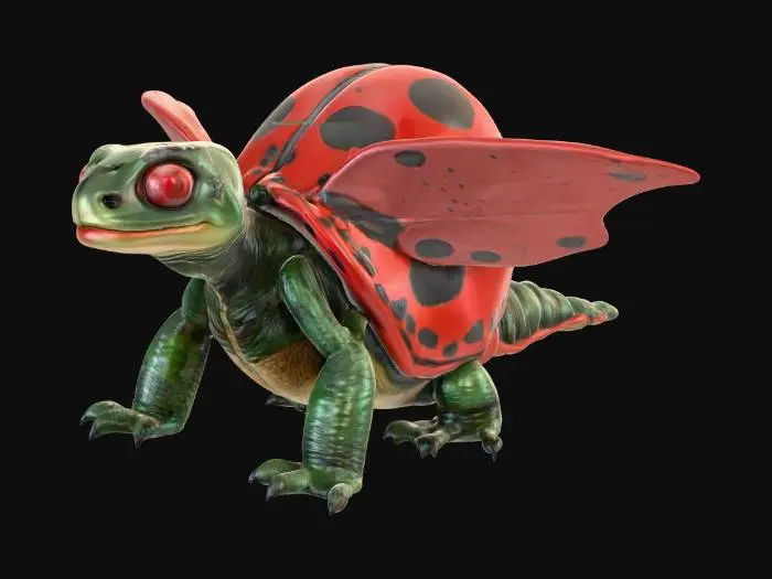 3D model for A unique creature with a squat, reptilian turtle body, featuring thick, leathery, dark green skin with subtle wrinkles. Instead of a hard shell, its back is adorned with a pair of large, glossy ladybug wings, brilliant red with distinct black spots, feeling smooth and chitinous to the touch. Its short, sturdy legs end in webbed claws, and a small, turtle-like head with gentle eyes protrudes from its front, blending the aquatic form with delicate, insectoid flight structures.