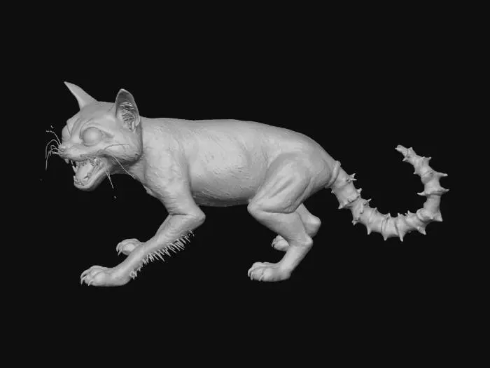 3D model for A grotesque demonic cat, seemingly normal at first glance but upon closer inspection, its short, coarse fur of a sickly greenish-gray color reveals unsettling details. Its overly wide, permanent grin exposes too many needle-like, discolored teeth, and its eyes are a disturbing, unblinking yellow. Its stubby tail has a segmented, almost insect-like texture, adding to its uncanny and subtly horrifying nature.