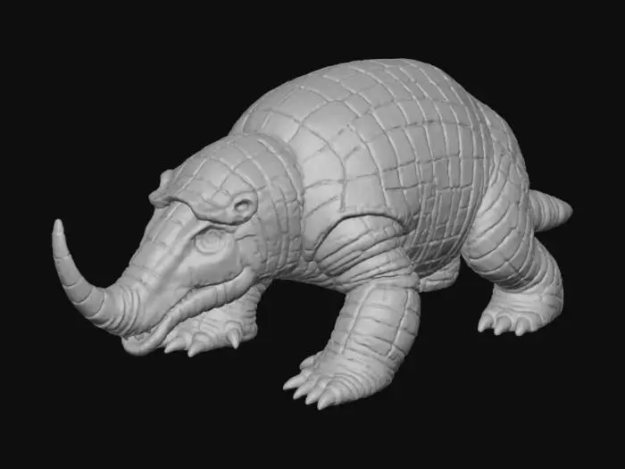 3D model for A subterranean beast, resembling an enormous, armored armadillo with obsidian-like plates and glowing cracks revealing molten orange beneath. Its heavy, club-like head houses a wide, hinged jaw. When opened, it reveals a massive, rock-hard tongue, textured like rough granite, studded with razor-sharp obsidian shards. This formidable tongue can rapidly extend, acting as both a battering ram and a grinding weapon, covered in abrasive volcanic dust., #Halloween2025#