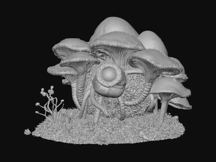 3D model for #Halloween2025#, A fungal quadruped resembling a mass of overlapping petals and moss. The “face” is a pit filled with spore dust.
Unusual Tongue: Its tongue is a root system, which bursts into a network of micro-roots when extended. These roots burrow instantly into organic matter, feeding by digesting memories and emotions, which appear as colorful spores leaking from the victim’s eyes.