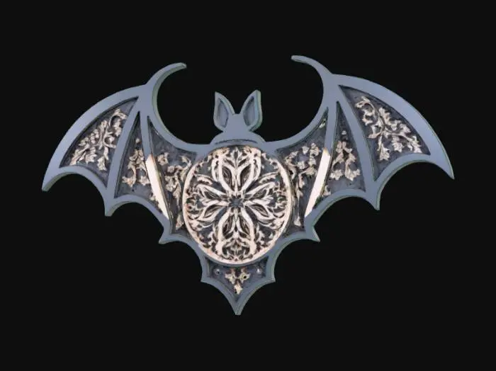 3D model for A multi-layered 3D laser-cut bat wall art, featuring a dark slate grey outer silhouette. Beneath this top layer, intricate, mandala-inspired patterns are carved into lighter, creamy off-white layers, revealing complex floral and tribal motifs. The entire piece has a smooth, matte wood-like texture, creating distinct depth and shadow play between its stacked components. It is mounted flat against a light beige wall, with natural light casting soft, elongated shadows from the object and a subtle window pattern across the scene., #Halloween2025#