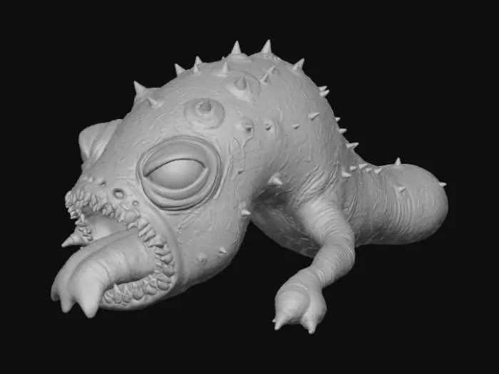 3D model for This tongue monster is an ancient, petrified entity, a fossilized horror unearthed from primordial ooze. Its enormous tongue is a hardened, obsidian-like rock, jet black with subtle streaks of dark crimson, appearing cracked and weathered like ancient volcanic rock. The material is dense and incredibly heavy, with a coarse, abrasive texture. Its structure is rigid and unyielding, covered in barnacle-like growths and faint imprints of forgotten aquatic life., #Halloween2025#