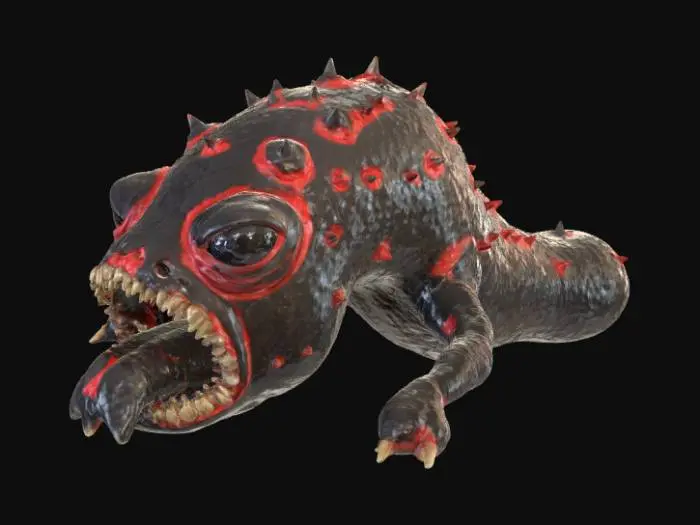 3D model for This tongue monster is an ancient, petrified entity, a fossilized horror unearthed from primordial ooze. Its enormous tongue is a hardened, obsidian-like rock, jet black with subtle streaks of dark crimson, appearing cracked and weathered like ancient volcanic rock. The material is dense and incredibly heavy, with a coarse, abrasive texture. Its structure is rigid and unyielding, covered in barnacle-like growths and faint imprints of forgotten aquatic life., #Halloween2025#