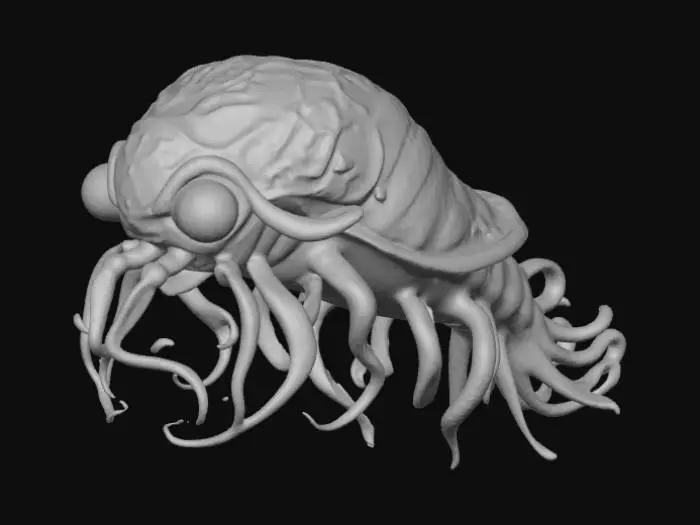 3D model for A bioluminescent deep-sea creature, vaguely resembling a jellyfish but with crystalline, multi-faceted bell. Its translucent body shimmers with pulsating neon blues and purples, composed of a flexible, gelatinous chitin. Six long, ribbon-like tendrils, edged with microscopic, razor-sharp barbs, gently undulate, each glowing with an ethereal green light, contrasting with its dark, obsidian-like eyes., #Halloween2025#