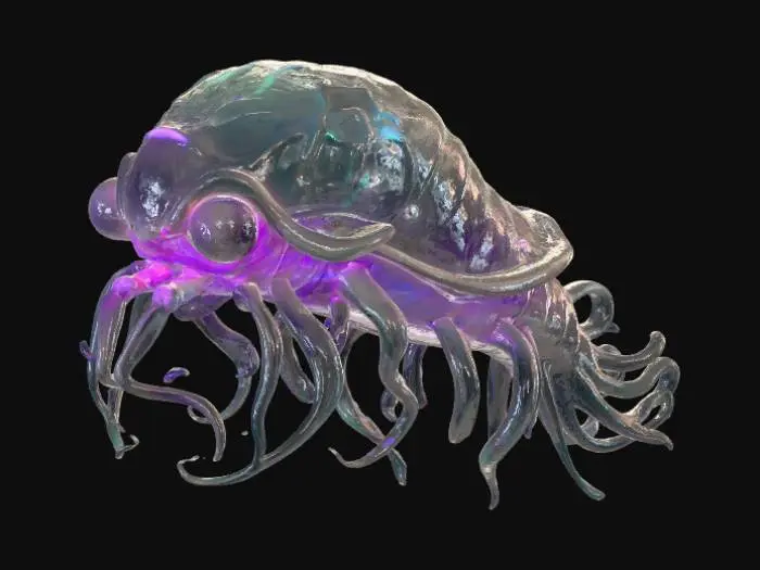 3D model for A bioluminescent deep-sea creature, vaguely resembling a jellyfish but with crystalline, multi-faceted bell. Its translucent body shimmers with pulsating neon blues and purples, composed of a flexible, gelatinous chitin. Six long, ribbon-like tendrils, edged with microscopic, razor-sharp barbs, gently undulate, each glowing with an ethereal green light, contrasting with its dark, obsidian-like eyes., #Halloween2025#