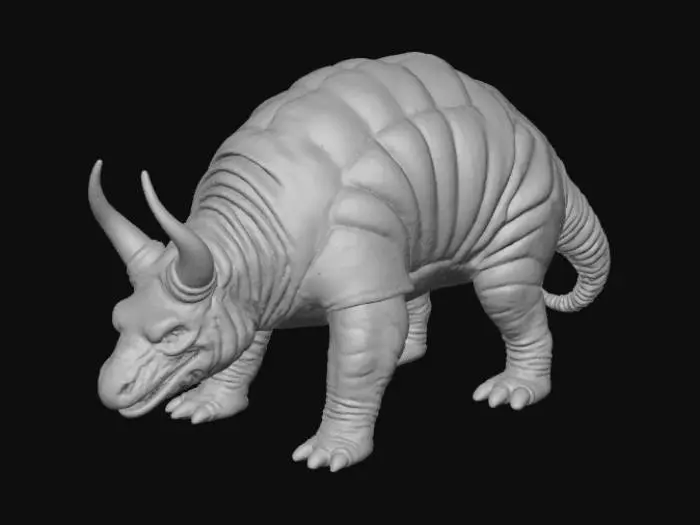 3D model for A desert nomad creature, shaped like a colossal, segmented armadillo. Its carapace is made of sun-baked, interlocking terracotta plates, scarred and weathered, ranging in color from deep ochre to pale sandy yellow. Underneath, a thick, leathery hide, resembling dried river clay, protects its soft belly. Its broad, flat claws, carved from petrified wood, allow it to dig through sandstorms., #Halloween2025#