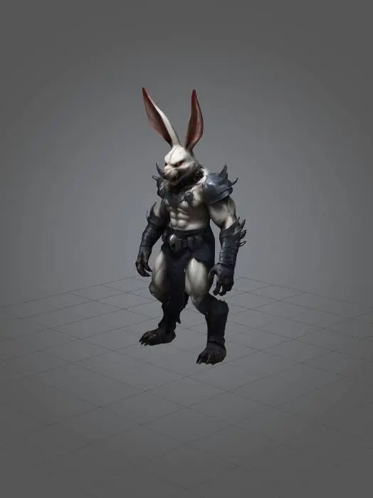 3D model for evil buny humanoid with sharp fangs and claws, wearing warriors outfit