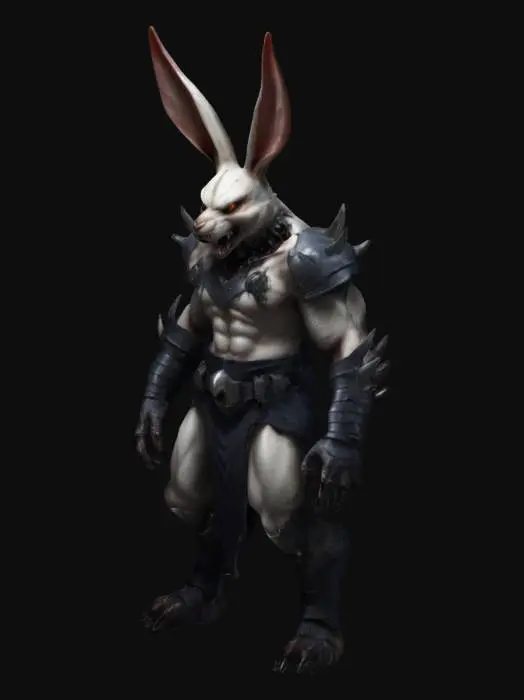 3D model for evil buny humanoid with sharp fangs and claws, wearing warriors outfit
