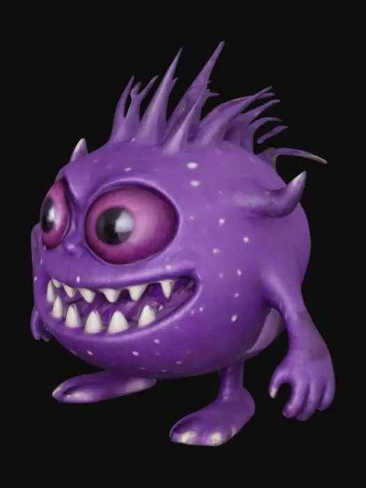 3D model for Round light purple monster with big mouth teeth and eyes spikey hair and dark purple spots small feet