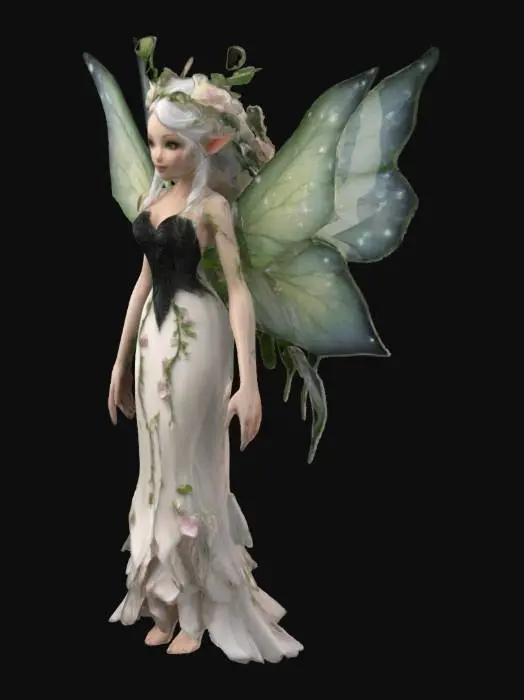 3D model for Female fairy adult fantasy.  Fairy has flowering vines for her har. Wings look like a white rose with black trim. Wearing a gown with the coloring of rose petals. Her fair skin has visible green veins. Her ears are pointed.