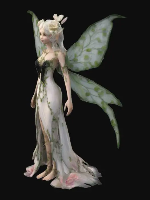 3D model for Female fairy adult fantasy.  Fairy has flowering vines for her har. Wings look like a white rose with black trim. Wearing a gown with the coloring of rose petals. Her fair skin has visible green veins. Her ears are pointed.