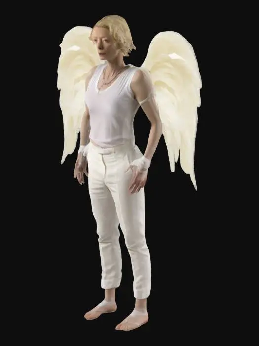 3D model for Androgynous angel wearing  a white sleeveless top, white trousers, numerous hospital wristbands and no shoes. Hair s wavy short and blonde 