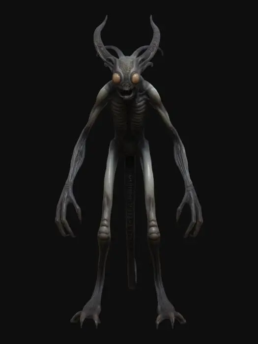 3D model for Scorn inspired creature with six creepy eyes and no mouth with tail that is barbed 