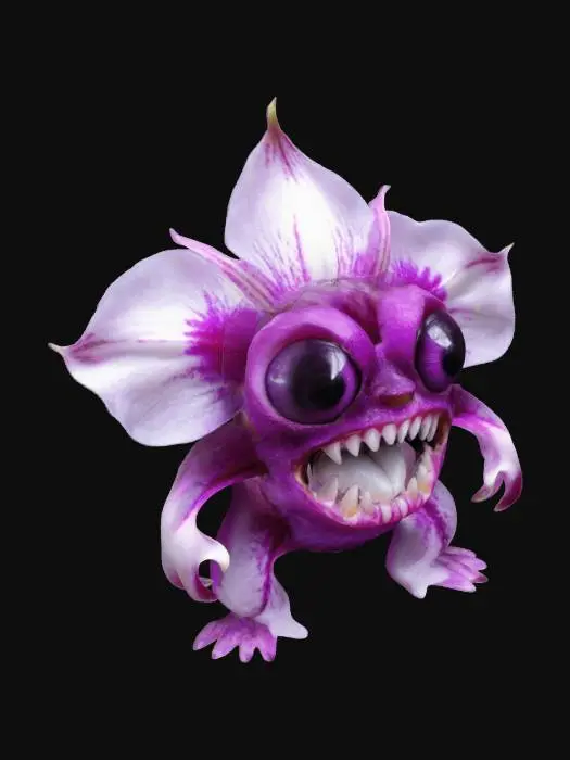 3D model for Orchid flower monster purple pink and white eyes on the petals and teeth in the middle of the flower 