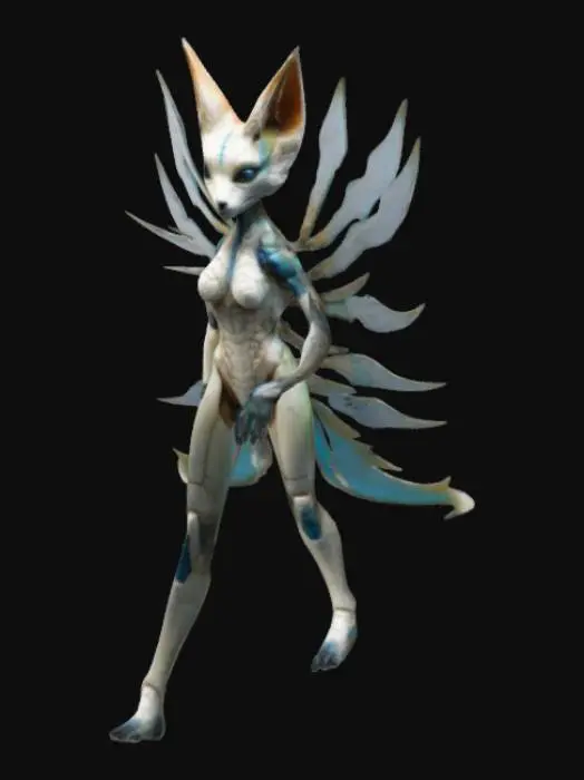 3D model for Nine tailed fox bio mechanical humanoid female creature , #game figure#