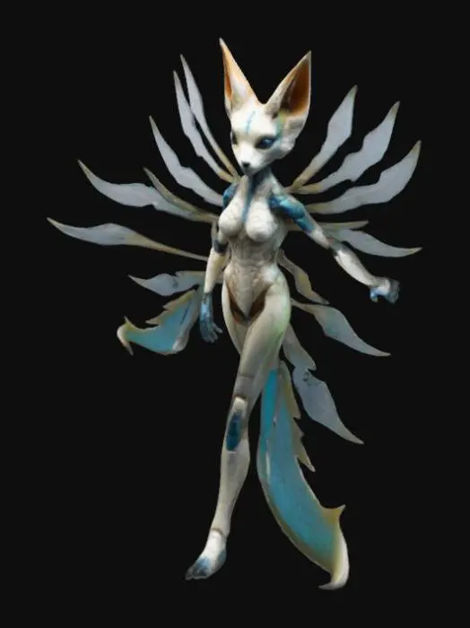 3D model for Nine tailed fox bio mechanical humanoid female creature , #game figure#