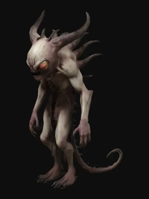 3D model for Scorn inspired creature with six creepy eyes and no mouth with tail that is barbed 
