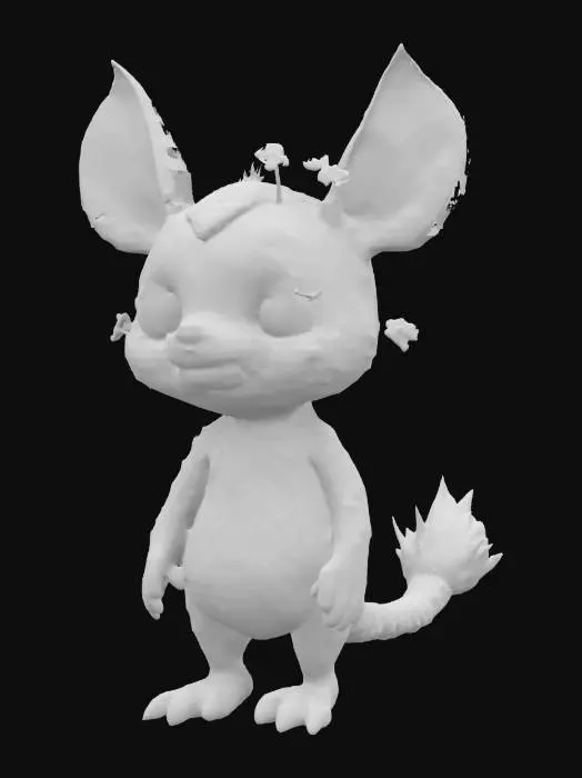 3D model for Creature that has wide eyes stubby limbs , mossy fur, and  a soft leafy tail.