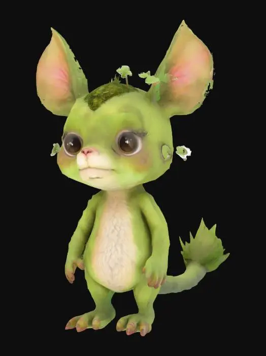 3D model for Creature that has wide eyes stubby limbs , mossy fur, and  a soft leafy tail.