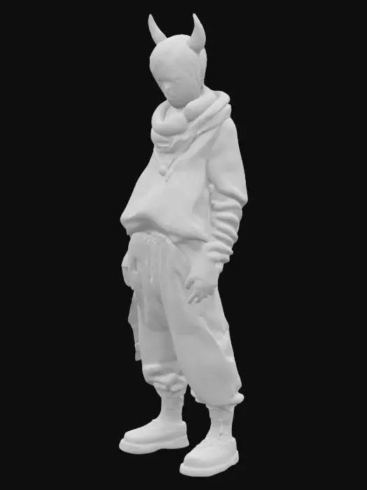 3D model for Female half human half demon. Her grey hair is styled into a half-shaved undercut . Wide, hazel-green eyes . Her outfits are a patchwork of oversized sweaters and comfort-trinkets: mismatched earrings, threadbare scarves, and found baubles. Full body. 