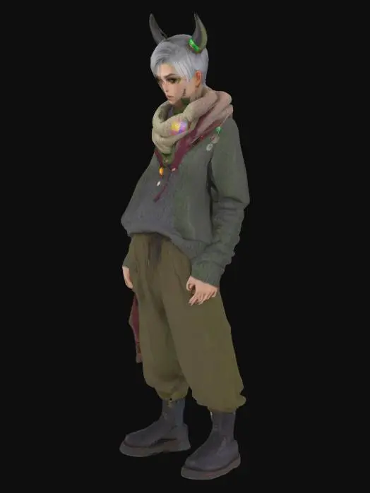 3D model for Female half human half demon. Her grey hair is styled into a half-shaved undercut . Wide, hazel-green eyes . Her outfits are a patchwork of oversized sweaters and comfort-trinkets: mismatched earrings, threadbare scarves, and found baubles. Full body. 