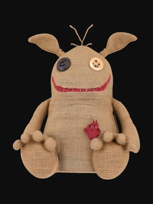 3D model for Cute monster stuffed toy made outnof burlap. Buttons for eyes.