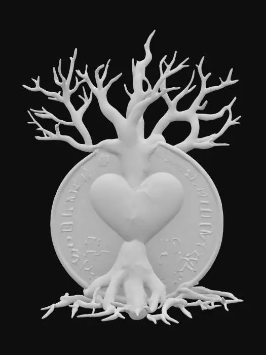 3D model for A coin with a realistic heart being pulled apart by a realistic dead tree with branches and roots 