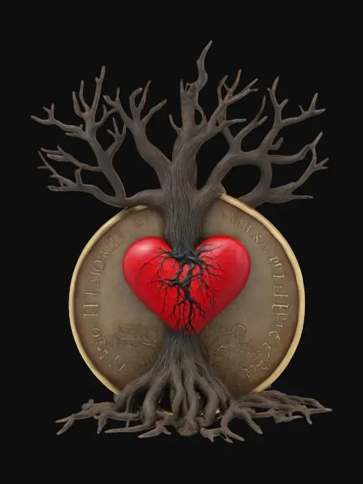 3D model for A coin with a realistic heart being pulled apart by a realistic dead tree with branches and roots 